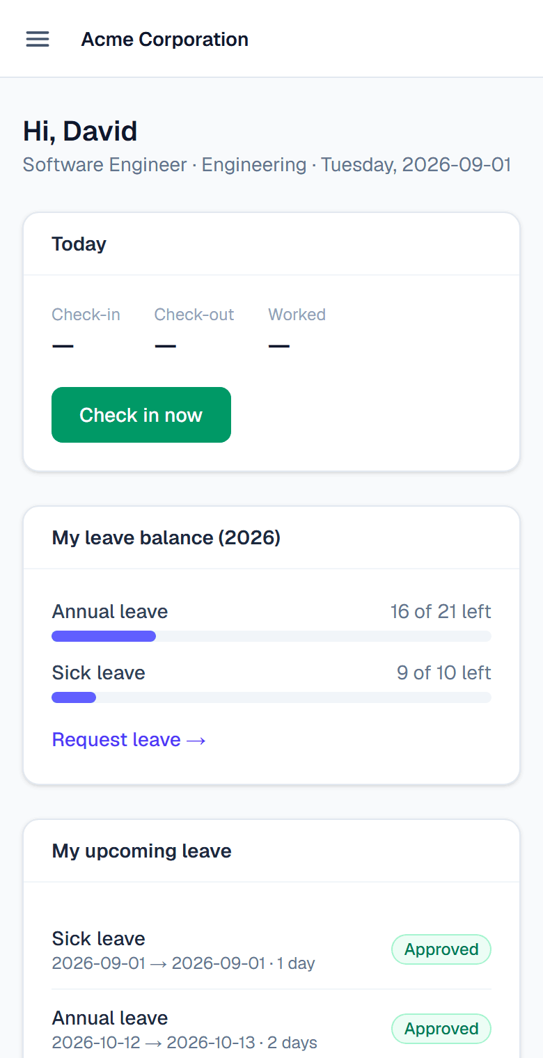The Peoplume employee portal on a phone, showing a check-in button, leave balances and upcoming leave.
